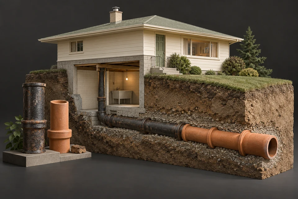 Conceptual illustration of midcentury housing · material code · actual inspection