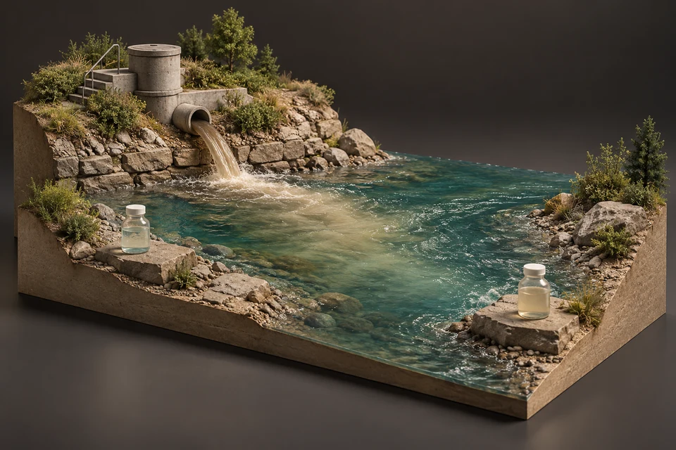 Conceptual illustration of release source · river monitoring · reported evidence