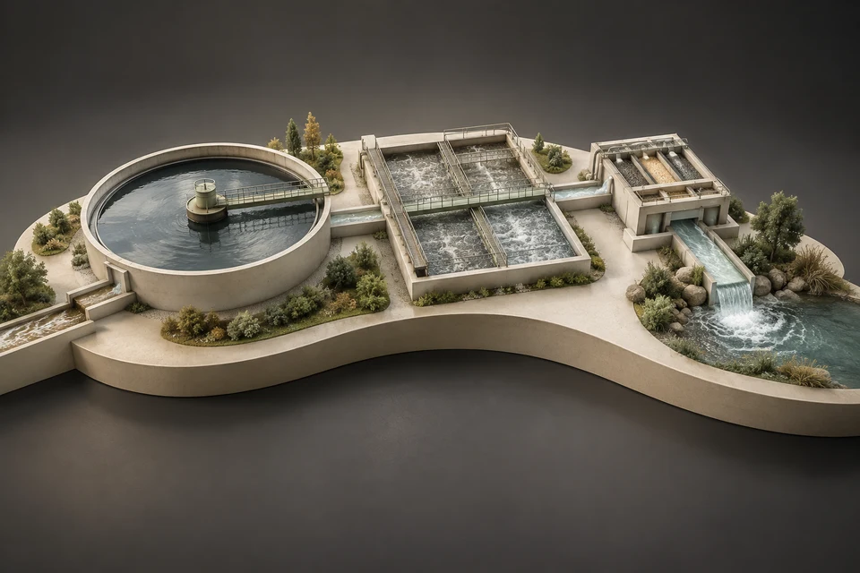Conceptual illustration of screening · treatment tanks · final effluent