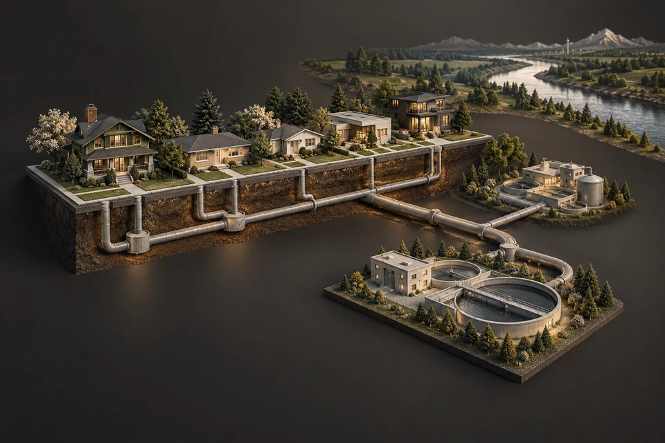 Conceptual illustration of community eras and the sanitary wastewater route