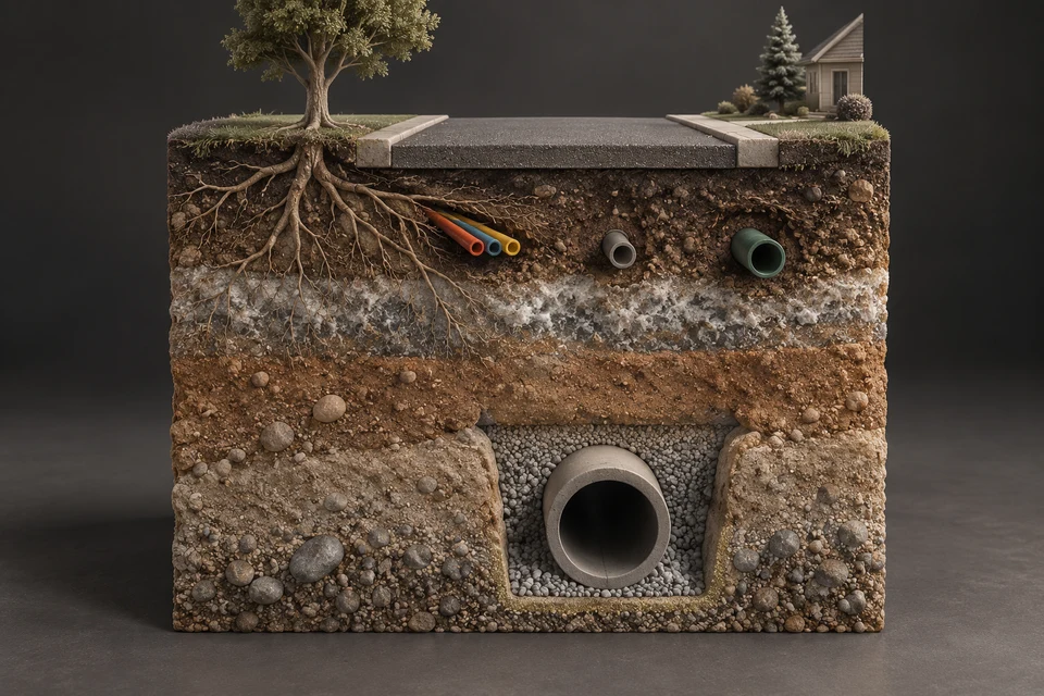 Conceptual illustration of surface elevation · buried route · confirm on site