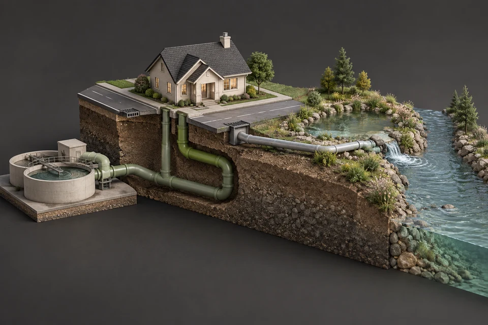 Conceptual illustration of sanitary to treatment · storm to drainage · separate routes